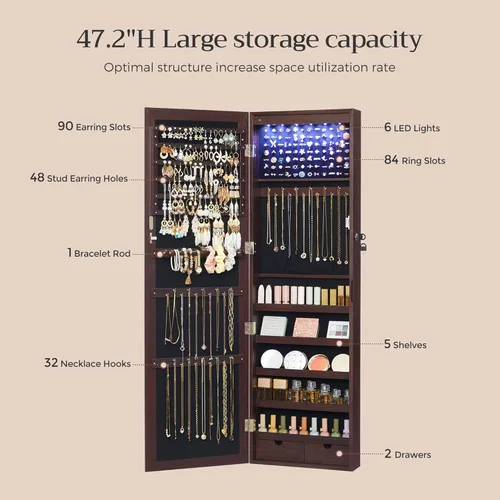 Miniatura 72 de Songmics - UJJC93W - Armario para joyas que se puede cerrar con llave, de montaje en pared o puerta, con espejo de 6 luces LED, para organización
