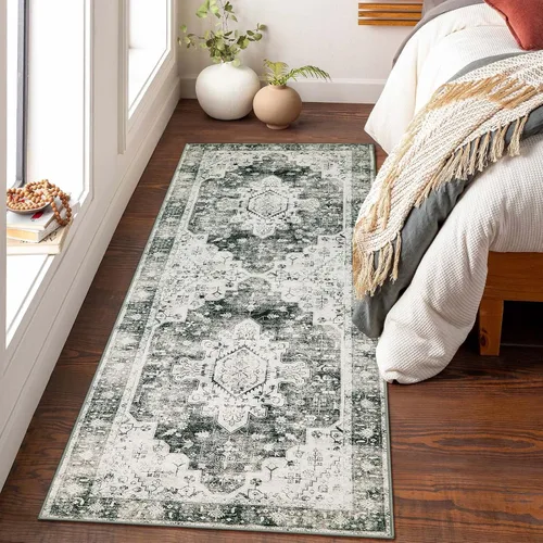 Miniatura 7 de Moynesa Alfombra de pasillo ultra fina lavable de 2 x 6 pies, antideslizante, resistente a las manchas, alfombra vintage que no desprende para Gris