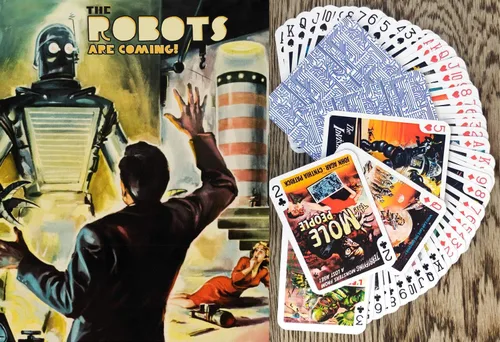 Miniatura 11 de Batallas con alienígenas jugando a las cartas (baraja de póquer 54 cartas todas diferentes) Cómic de acción espacial retro vintage de ciencia