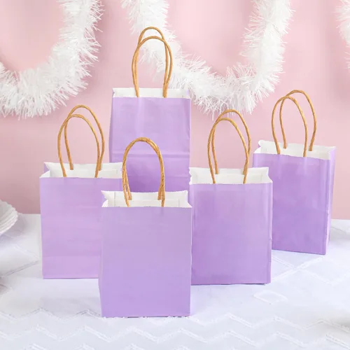 Miniatura 2 de DjinnGlory Paquete de 60 mini bolsas de regalo de papel morado con asas, 6.3 x 4.7 x 2.75 pulgadas, pequeñas bolsas de lavanda para cumpleaños