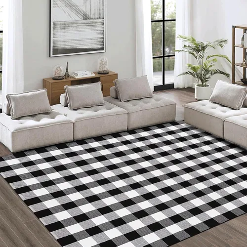 Miniatura 6 de Alfombra a cuadros en blanco y negro de 5.5 x 7.5 pies, alfombra de algodón tejida lavable para interiores y exteriores, comedor, dormitorio, sala