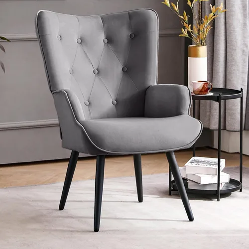 Miniatura 16 de Furniliving Silla de Acento de Terciopelo para Sala de Estar, Silla de Lectura Tapizada con Respaldo Alto, Sillón de Respaldo Alado con Botones Negro