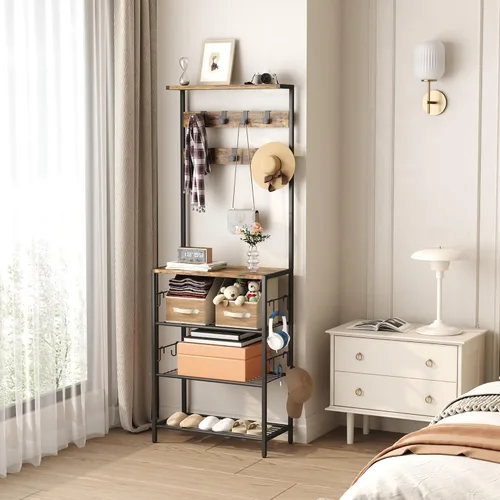 Miniatura 4 de HOMEFORT Perchero con almacenamiento de zapatos, zapatero de 5 niveles y perchero con 9 ganchos para ropa, organizador independiente para árbol