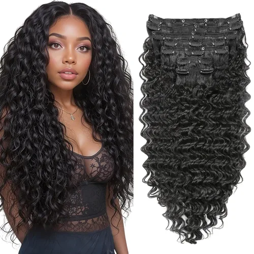 Miniatura 19 de Extensión de cabello humano con clip de onda profunda de 24 pulgadas, postizo de doble trama, sintético para mujeres, extensiones de cabello grueso