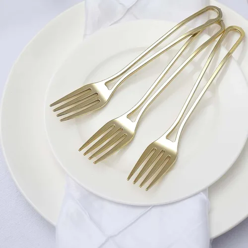 Miniatura 11 de Efavormart - Juego de utensilios de plástico con diseño moderno de mango hueco dorado de 7 pulgadas, tenedores, cucharas y cuchillos desechables, Oro