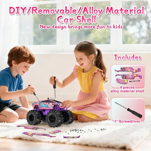 Miniatura 6 de Coche de control remoto para niñas, juguetes de camión monstruo rosa 1:18, autos RC anfibios, camiones RC impermeables de 2.4 GHz, camioneta Rosa