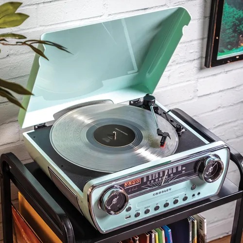 Miniatura 5 de Crosley CR6047A-AB Powel 7-en-1 Tocadiscos Bluetooth con entrada/salida de vinilo, radio AM/FM, reproductor de CD y entrada auxiliar, Azul Aqua