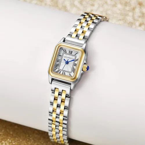 Miniatura 9 de Relojes pequeños de oro para mujer con funda rectangular vintage, esfera romana clásica, banda de acero inoxidable resistente al agua con cadena