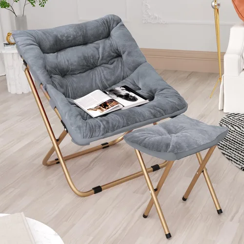 Miniatura 2 de Cómoda silla platillo para adultos, silla plegable de piel sintética suave con reposapiés, marco de metal, acogedora silla perezosa cuadrada de gran