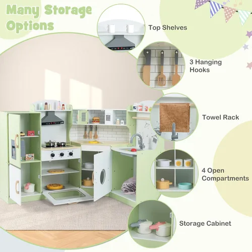 Miniatura 5 de Costzon Juego de cocina esquinera para niños, cocina de madera con sonidos y luces, lavadora, campana extractora, máquina de hielo, microondas, Verde