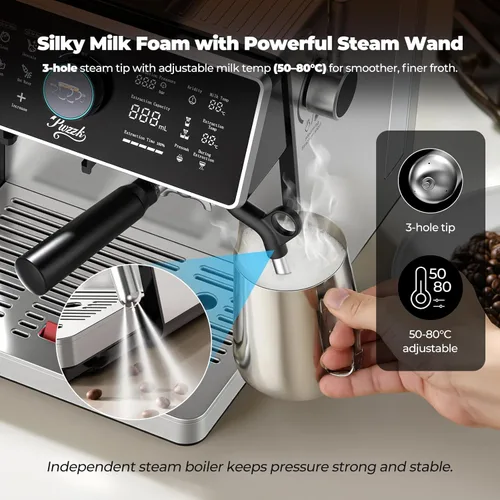 Miniatura 8 de Máquina de café espresso semiautomática de doble caldera con molinillo integrado, portafiltro de 2.283 in, pantalla TFT y varita de vapor espumador