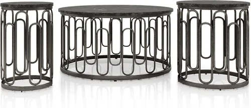 Furniture of America Davis - Juego de mesa moderno de 3 piezas con parte superior de mármol, patas de metal resistentes y estante abierto para sala