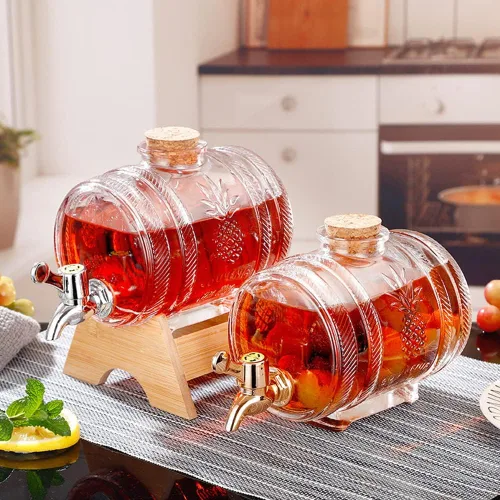 Miniatura 3 de Dispensador de bebidas de barril de vidrio de 1 litro con espita y soporte Dispensador de bebidas frías Dispensador de barril de vino (plata)