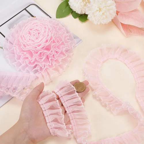 Miniatura 3 de BENECREAT Cinta de encaje plisada de poliéster de 8 yardas, 1.57 pulgadas de ancho, color rosa con borde blanco, cinta de encaje con volantes