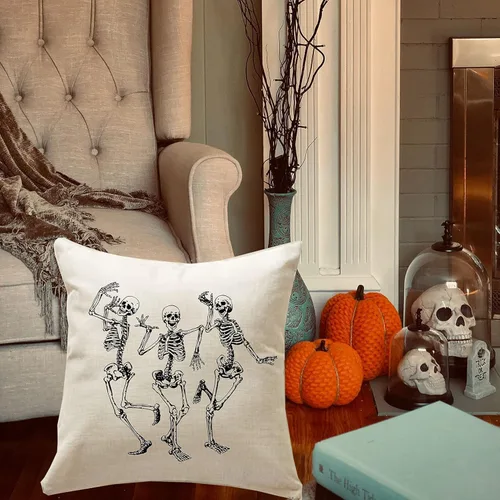 Miniatura 3 de Funda de almohada con diseño de calavera de Halloween, decoración del hogar, lino y algodón, funda de cojín de 18 x 18 pulgadas / 45.72 x 45.72 cm.