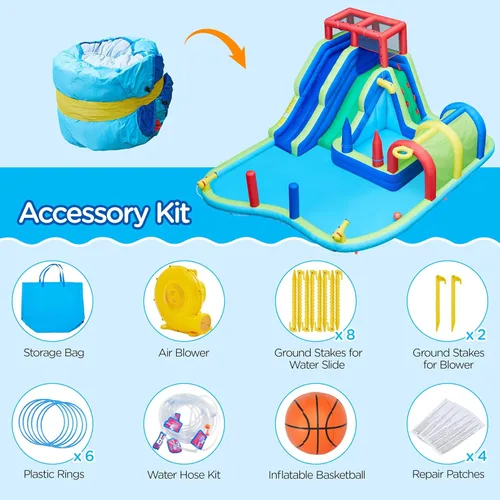 Miniatura 8 de Yaheetech Tobogán acuático inflable, tobogán acuático de doble carril con túnel largo y pared de escalada y sacos de boxeo y juego de lanzamiento