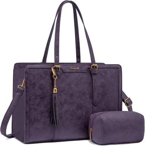 Miniatura 12 de LOVEVOOK Bolsa de mano para laptop para mujer, bolsa de trabajo vintage de 15.6 pulgadas con embrague, bolso grande de cuero para laptop con soporte