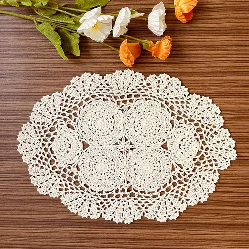 Manteles individuales de tela de ganchillo hechos a mano, 2 piezas, manteles florales vintage decorados, beige, ovalado (12 x 17 pulgadas)