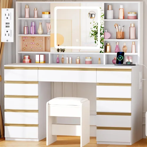 ANWBROAD Escritorio de tocador con espejo deslizante y luces, juego de tocador grande de maquillaje con almacenamiento de joyas, 11 cajones, 6