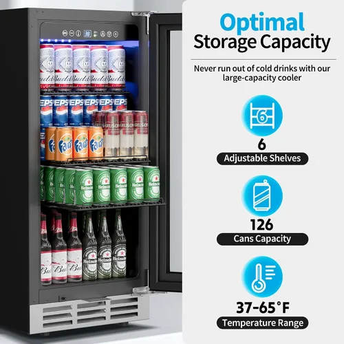 Miniatura 2 de Feelfunn Refrigerador de bebidas de 15 pulgadas bajo mostrador – Refrigerador de bebidas de 126 latas con puerta de vidrio para cerveza, vino y soda