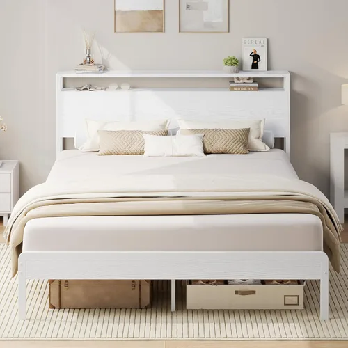 Miniatura 24 de LIKIMIO Marco de Cama King con Cabecero, Marco de Cama King de Madera Oscura con Soportes Fuertes, Resistente, Sin Ruido, No Necesita Somier, Nogal
