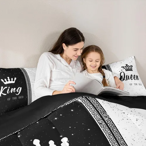 Miniatura 6 de jejeloiu Juego de edredón con patrón de corona, edredón estampado King y Queen para niños y adolescentes, juego de ropa de cama moderno de arte