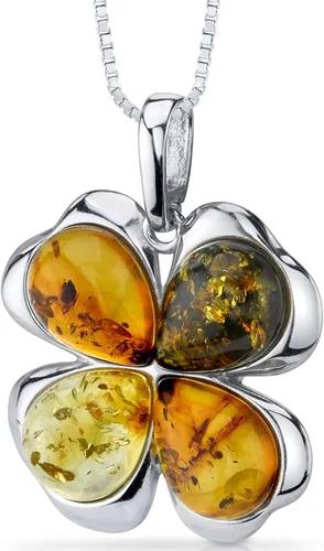 Peora Collar con dije de trébol de la suerte de trébol ámbar báltico, aretes y pulsera en plata de ley, coñac rico, miel y colores oliva