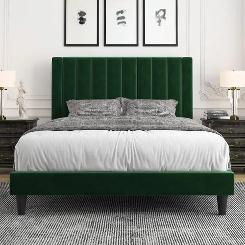 Miniatura 20 de Allewie - Base de cama tamaño King con cabecera acolchada tapizada en terciopelo y diseño acanalado vertical; plataforma de cama con resistentes