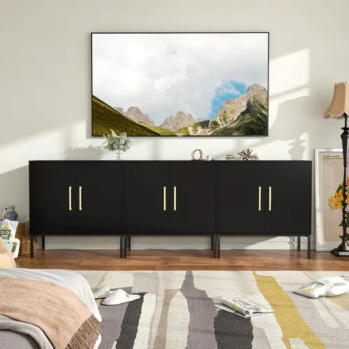Miniatura 8 de JOZZBY Aparador de buffet con almacenamiento, gabinete de madera moderno con estantes ajustables, gabinetes negros y dorados para sala de estar
