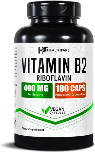 Healthfare Riboflavina de vitamina B2 de 400 mg | 180 cápsulas veganas | Alta potencia | Sin OMG | Sin gluten | Fabricado en Estados Unidos