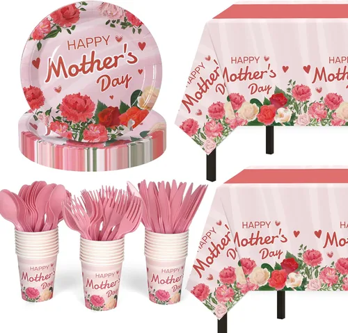 Childom Decoraciones del Día de la Madre para fiestas, 132 platos desechables para el Día de la Madre, mantel, tazas, cuchillos, cucharas, tenedores