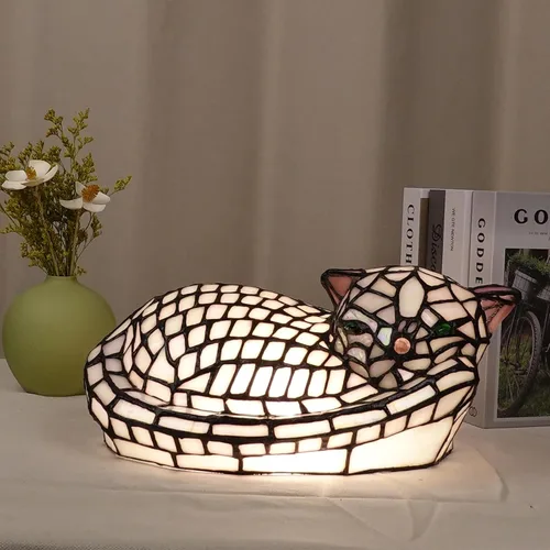 Miniatura 2 de A0013 - Lámpara de mesa estilo Tiffany con diseño de gato dormido, 11.5 pulgadas de largo x 7.125 pulgadas de ancho x 5.5 pulgadas de alto, luz