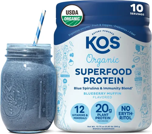 KOS Proteína en polvo a base de plantas, muffin de arándano - Superalimento de proteína de guisantes orgánico con mezcla de espirulina y apoyo