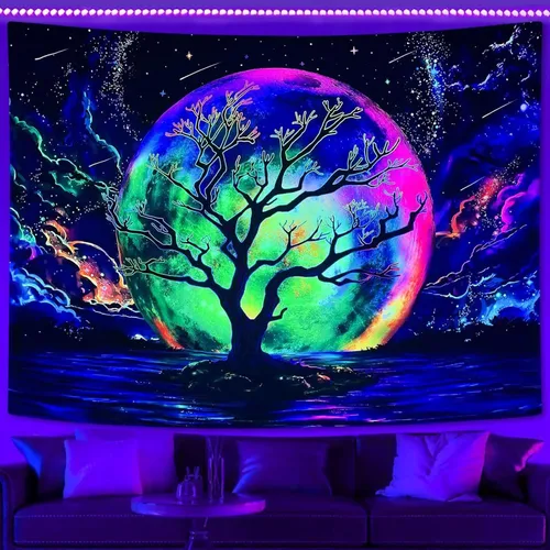 Miniatura 2 de Faxdong Tapiz de luna con luz negra, reactivo a los rayos UV, árbol lago, colorido estrellado, noche estrellada, galaxia, nubes espaciales, tapiz