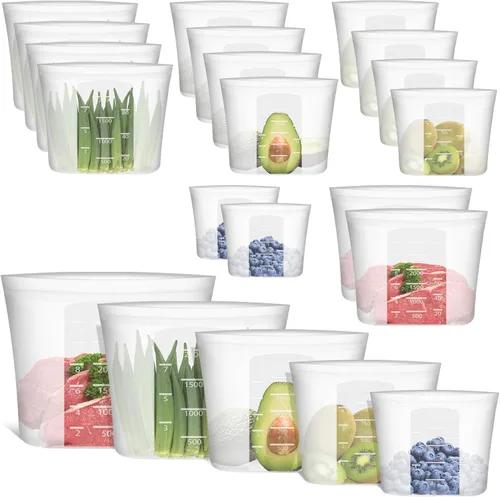 Miniatura 16 de Bolsas de Alimentos Reutilizables, Paquete de 12 Bolsas de Almacenamiento de Alimentos 100% Silicona que se Mantienen de Pie con Cierre Hermético