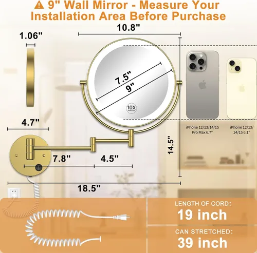 Miniatura 2 de Gospire Espejo iluminado montado en la pared de 9", con aumento 1X/10X, espejo de baño LED de doble cara, 3 luces de color y atenuación sin Dorado