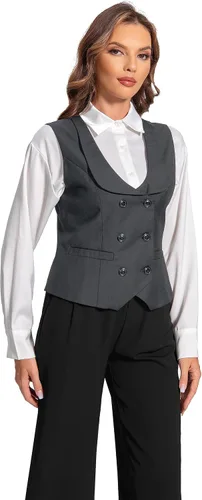 Miniatura 6 de Foucome Chaleco de doble botonadura para mujer, chaleco elegante con cuello de solapa