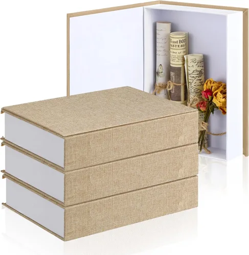 Miniatura 18 de Tioncy Caja de libros falsos de lino neutro, 3 piezas, decoración de imitación para decoración del hogar, estantes, mesa, tarjetas, fotos, regalo