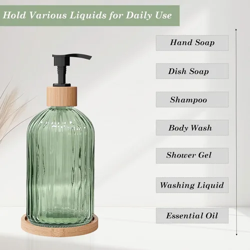 Miniatura 2 de Green Glass Soap Dispenser with with Bamboo Pumps & Tray, 140z Hand and Dish Soap Dispenser Bathroom Set, Vertical Stripe Bathroom Lotion Dispenser
