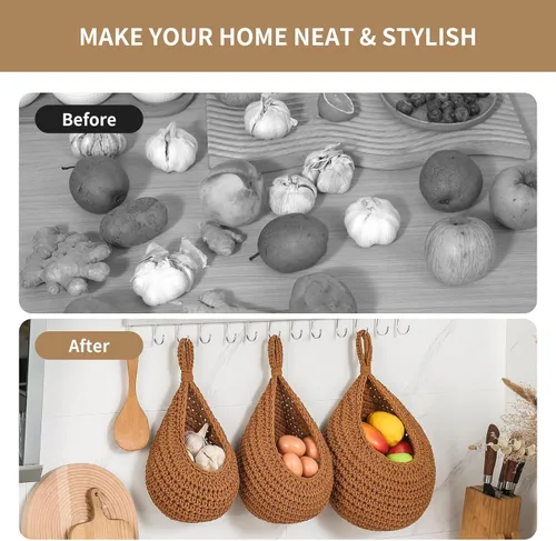 Miniatura 5 de Cestas de frutas bohemias para colgar en la pared para cocina, paquete de 3 soportes tejidos con 6 ganchos fuertes, cesta colgante de verduras