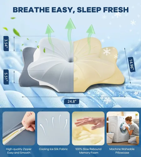 Miniatura 5 de Almohada cervical para aliviar el dolor de cuello, almohada ergonómica refrescante de espuma viscoelástica con funda de almohada de seda de hielo