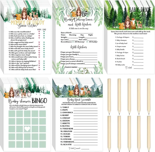 Gersoniel Juego de 135 tarjetas de juego para baby shower, diseño de animales del bosque, baby shower, juego de 5 (25 tarjetas cada uno) con 10