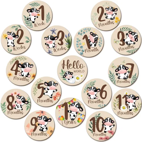 Miniatura 13 de Tiamon 16 tarjetas mensuales de madera para bebé, discos de marcador de hitos mensuales, círculos de madera de doble cara, letreros de meses