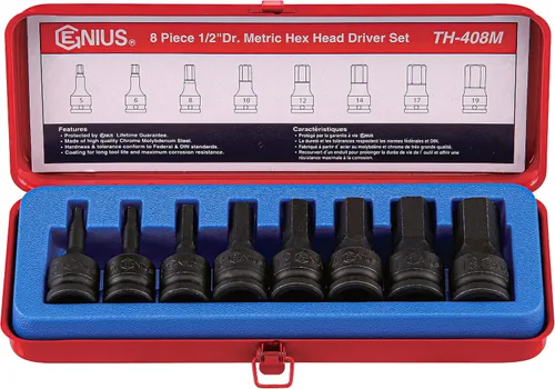 GENIUS TOOLS Juego de llaves de vaso de impacto hexagonal métricas Dr. de 1/2" (CR-Mo) - TH-408M