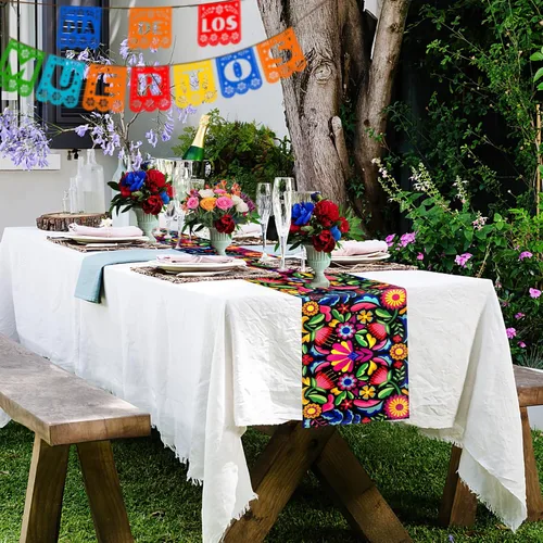Miniatura 3 de Caminos de mesa mexicanos para fiesta, altar del día de los muertos, decoraciones del día de los muertos, fiesta de flores 70.9 x 13 pulgadas