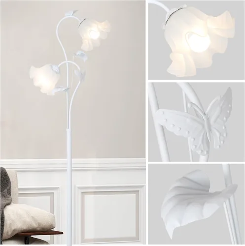 Miniatura 4 de HMVPL Lámpara de pie blanca con flores, lámpara alta floral con 2 bombillas LED de 5W, interruptor de pie, lámpara de pie moderna de esquina