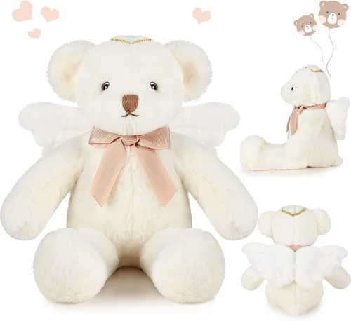 Sratte Oso de ángel de peluche de 16 pulgadas con alas y lazo suave y lindo juguete de peluche para niños y niñas, cumpleaños, baby shower, bautizo,