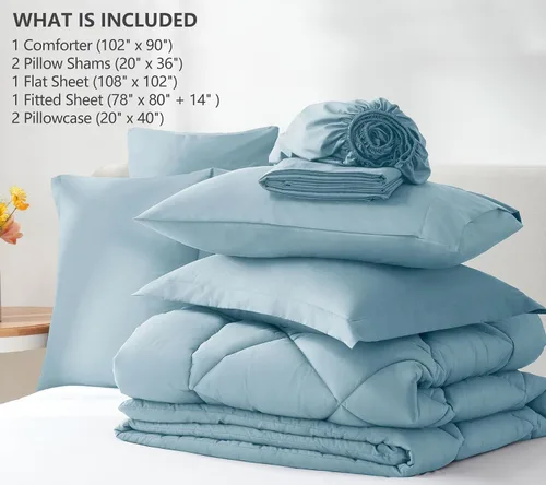 Miniatura 6 de CozyLux Juego de ropa de cama con edredón tamaño King celeste claro - 7 piezas en una bolsa, juego de cama de lujo suave para todas las estaciones