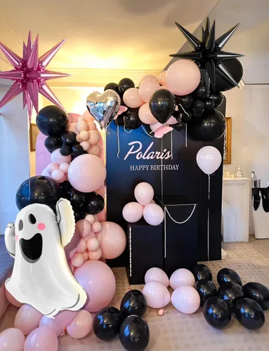 Miniatura 4 de Kit de arco de globos para Halloween – 129 piezas, globos rosados, negros, plateados y blancos con globos de aluminio de fantasmas y estrellas