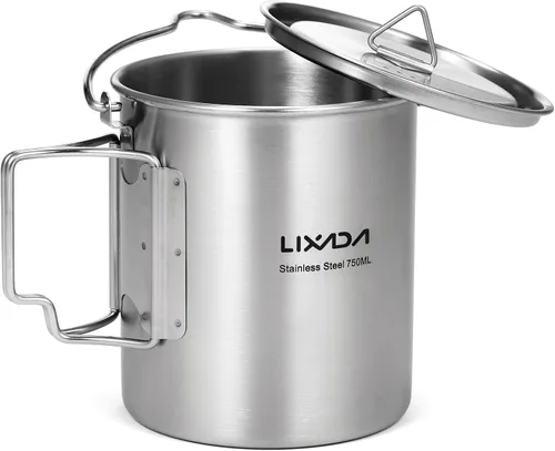 Miniatura 9 de LIXADA Taza para acampar, taza de agua de acero inoxidable de 25.4 fl oz con asas plegables y tapa para acampar al aire libre, senderismo, mochilero